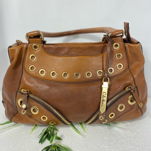 COLE HAAN SHOULDER BAG Brown Grommets and Zippered Front Pockets - Picture 7 of 9